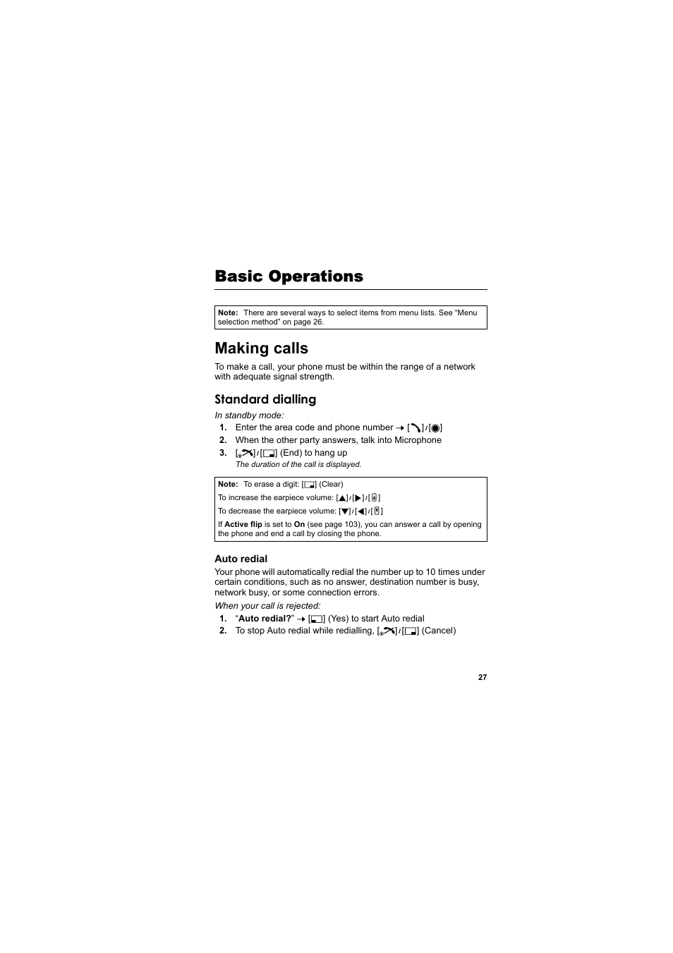 Basic operations, Making calls, Basic operations making calls | Standard dialling | Panasonic EB-MX7  EN User Manual | Page 30 / 168