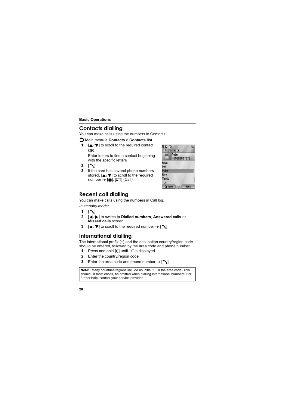 Contacts dialling, Recent call dialling, International dialling | Panasonic EB-MX7  EN User Manual | Page 31 / 168