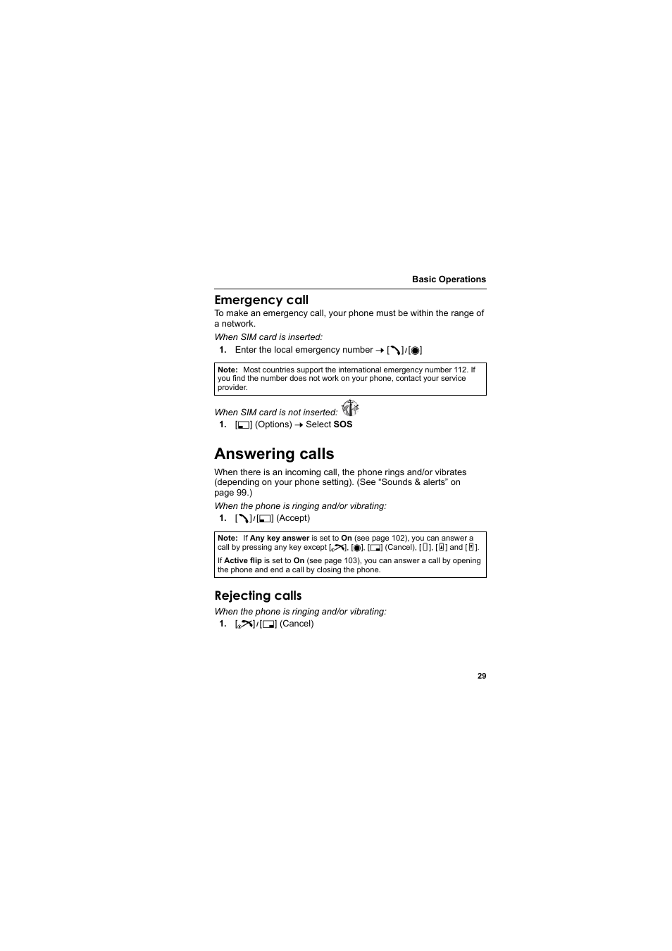 Answering calls, Emergency call, Rejecting calls | Panasonic EB-MX7  EN User Manual | Page 32 / 168