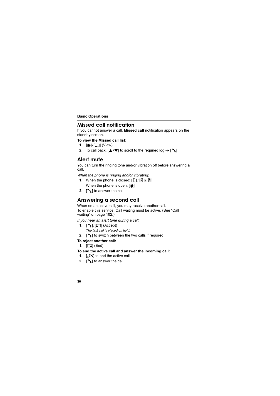 Missed call notification, Alert mute, Answering a second call | Panasonic EB-MX7  EN User Manual | Page 33 / 168