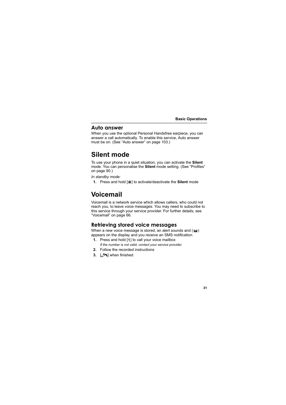 Silent mode, Voicemail, Silent mode voicemail | Panasonic EB-MX7  EN User Manual | Page 34 / 168