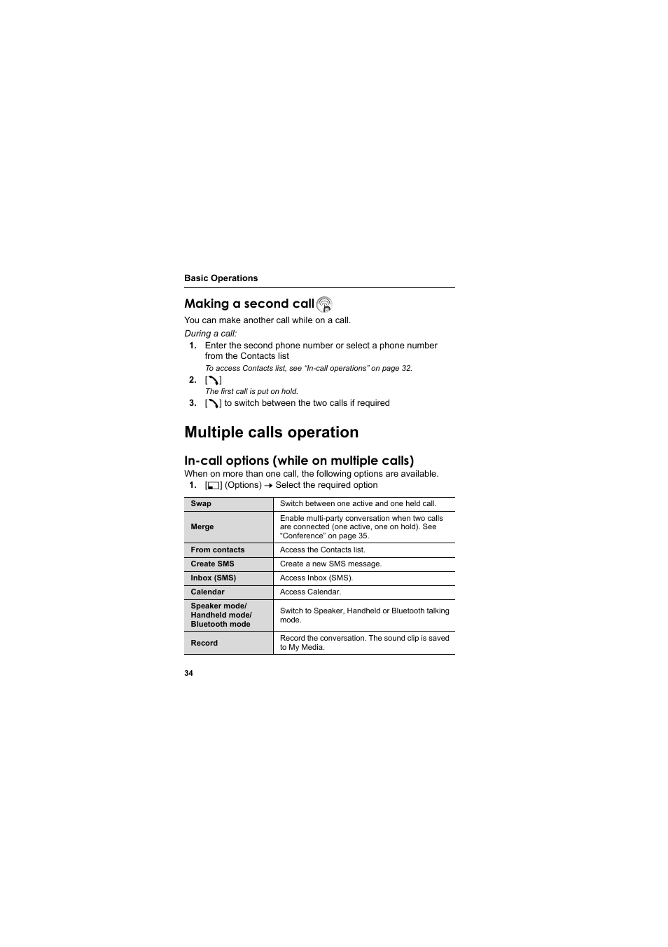 Multiple calls operation, Making a second call, In-call options (while on multiple calls) | Panasonic EB-MX7  EN User Manual | Page 37 / 168