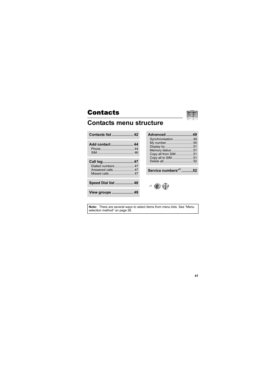 Contacts, Contacts menu structure, Contacts contacts menu structure | Panasonic EB-MX7  EN User Manual | Page 44 / 168