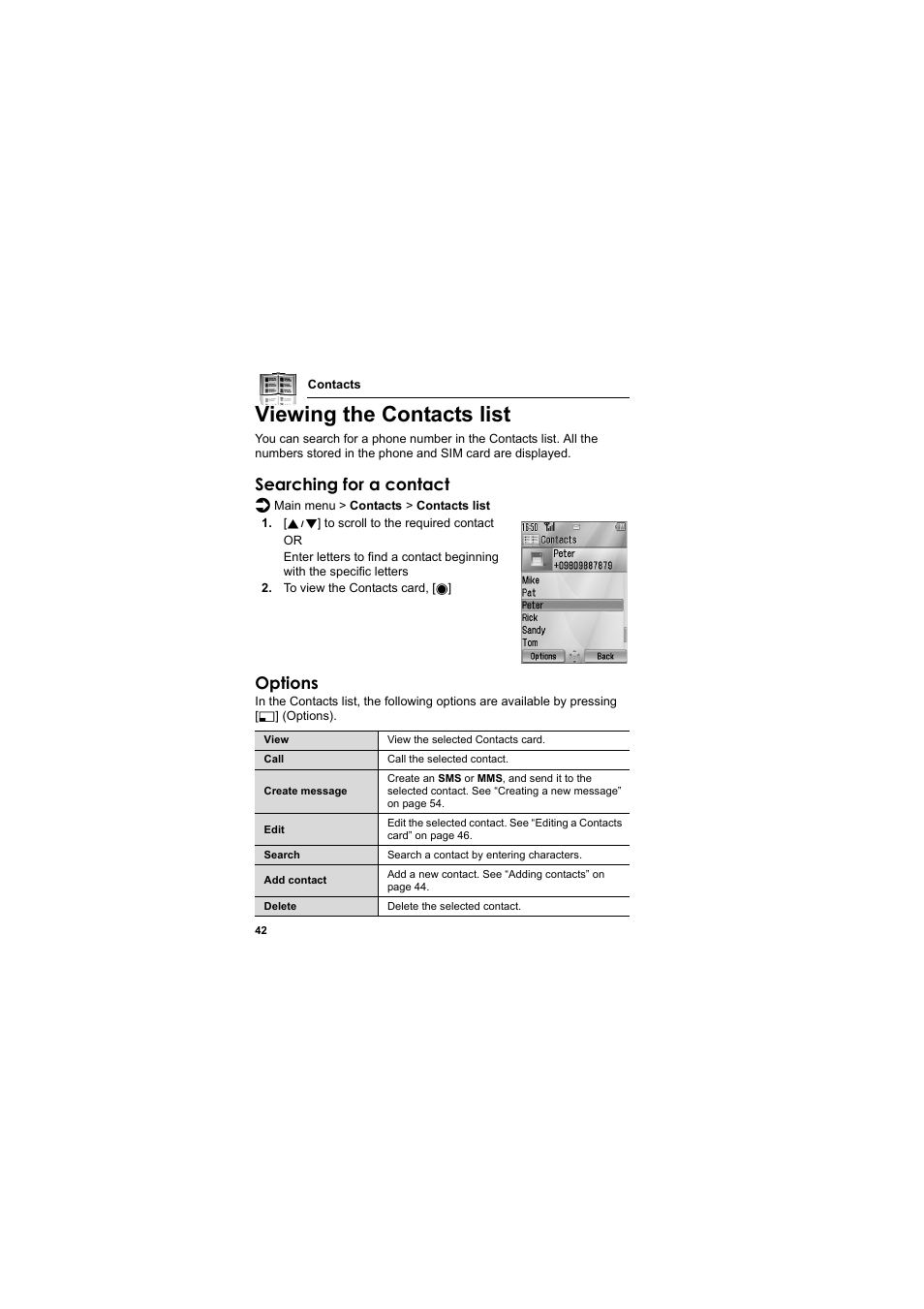 Viewing the contacts list, Searching for a contact, Options | Panasonic EB-MX7  EN User Manual | Page 45 / 168