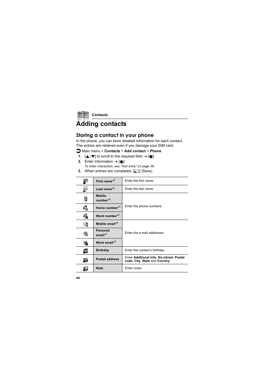 Adding contacts, Storing a contact in your phone | Panasonic EB-MX7  EN User Manual | Page 47 / 168