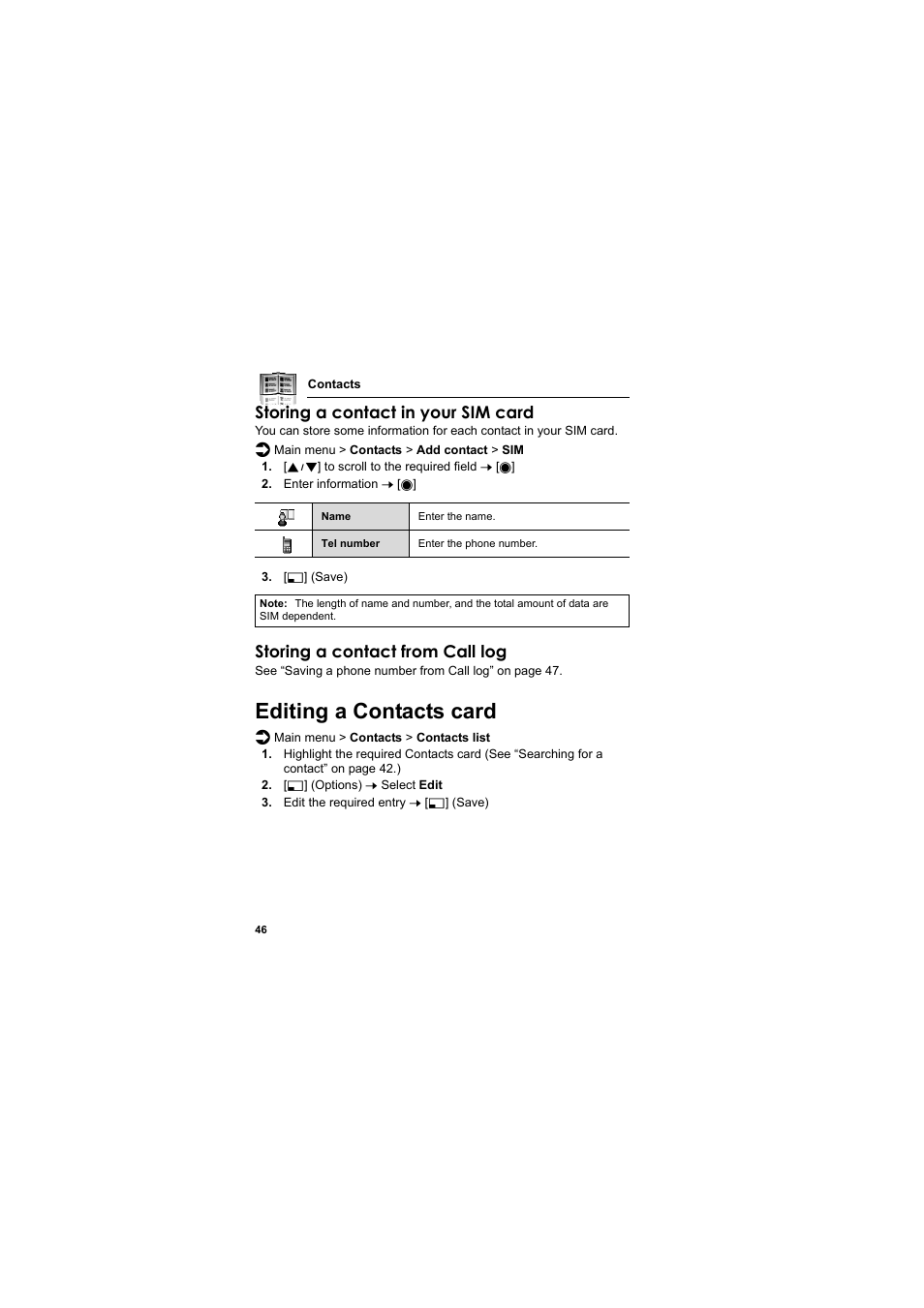 Editing a contacts card, Storing a contact in your sim card, Storing a contact from call log | Panasonic EB-MX7  EN User Manual | Page 49 / 168