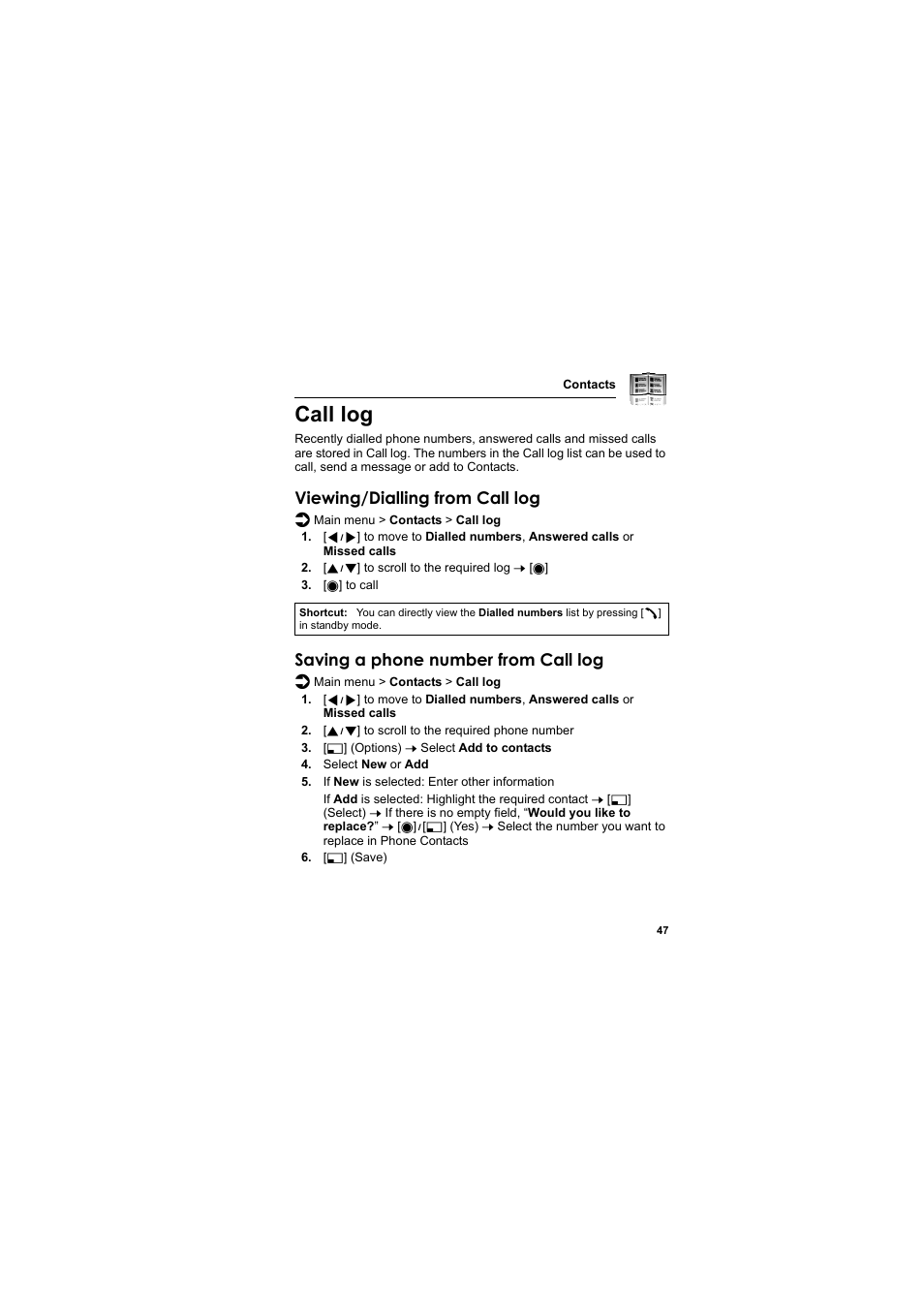 Call log, Viewing/dialling from call log, Saving a phone number from call log | Panasonic EB-MX7  EN User Manual | Page 50 / 168