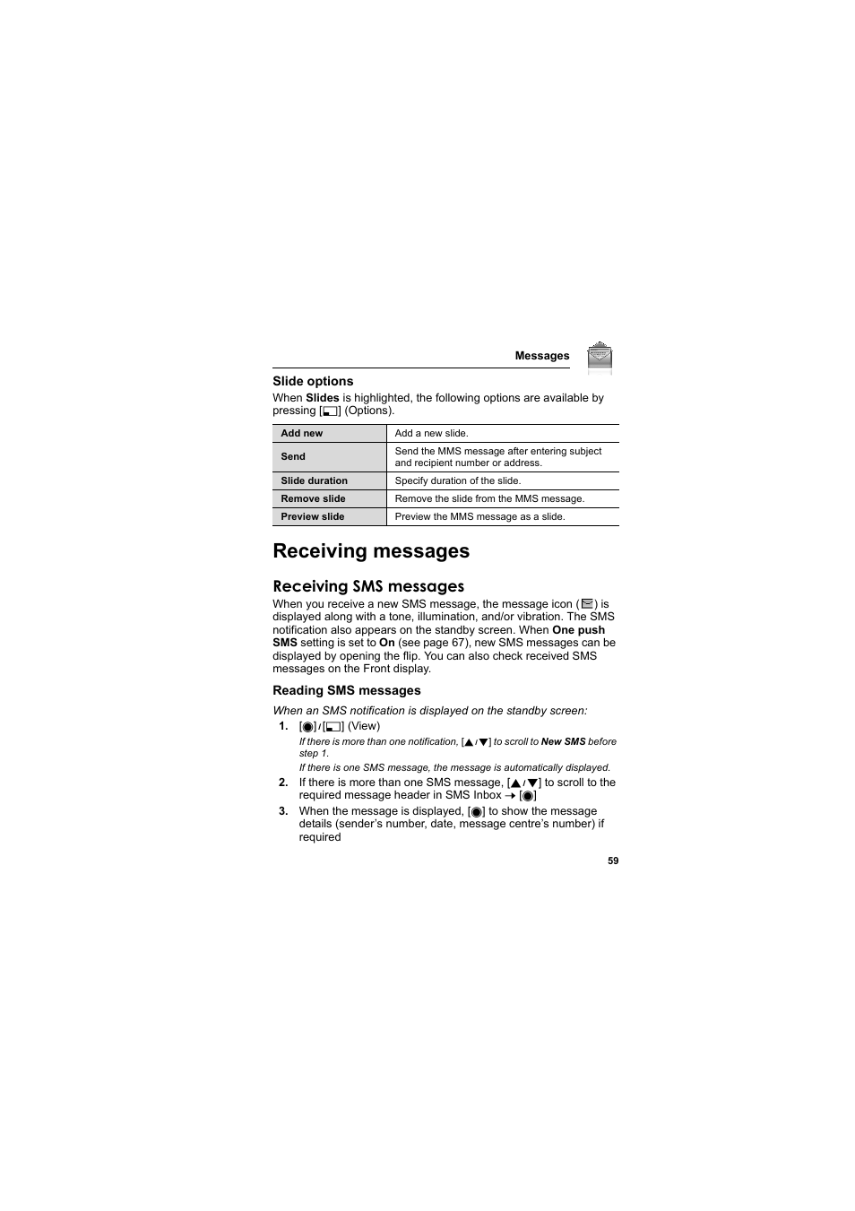 Receiving messages, Receiving sms messages | Panasonic EB-MX7  EN User Manual | Page 62 / 168