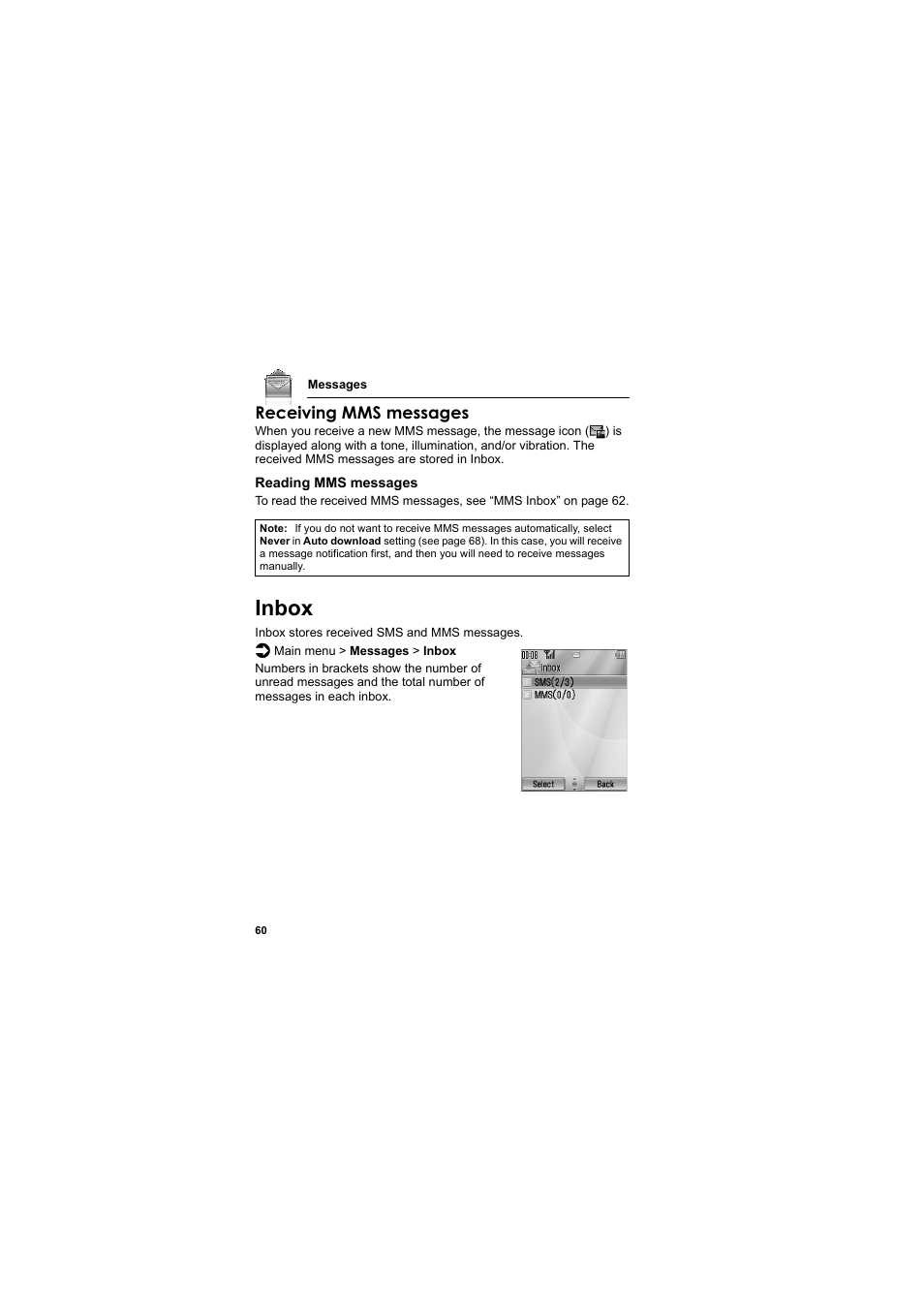 Inbox, Receiving mms messages | Panasonic EB-MX7  EN User Manual | Page 63 / 168