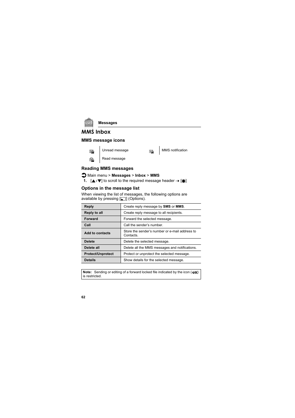 Mms inbox | Panasonic EB-MX7  EN User Manual | Page 65 / 168