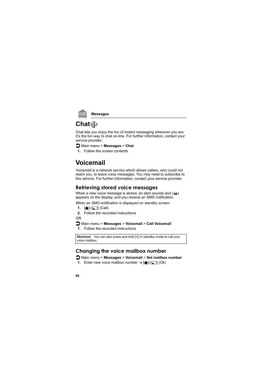 Chat, Voicemail, Chat voicemail | Retrieving stored voice messages, Changing the voice mailbox number | Panasonic EB-MX7  EN User Manual | Page 69 / 168