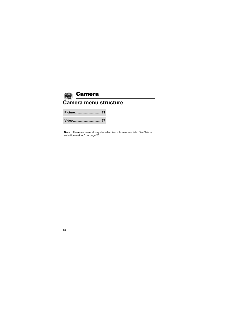 Camera, Camera menu structure, Camera camera menu structure | Panasonic EB-MX7  EN User Manual | Page 73 / 168