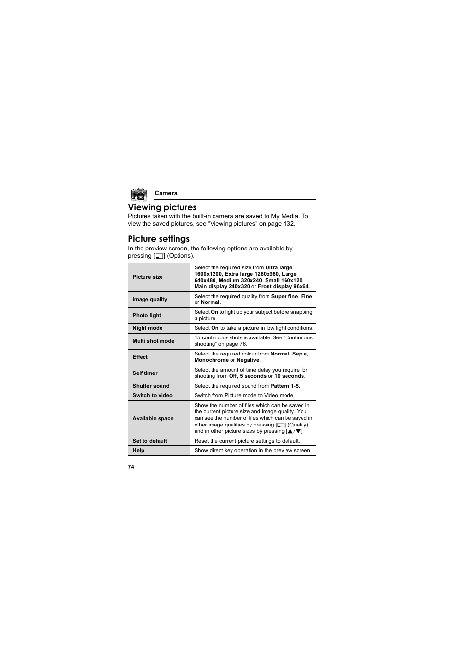 Viewing pictures, Picture settings | Panasonic EB-MX7  EN User Manual | Page 77 / 168