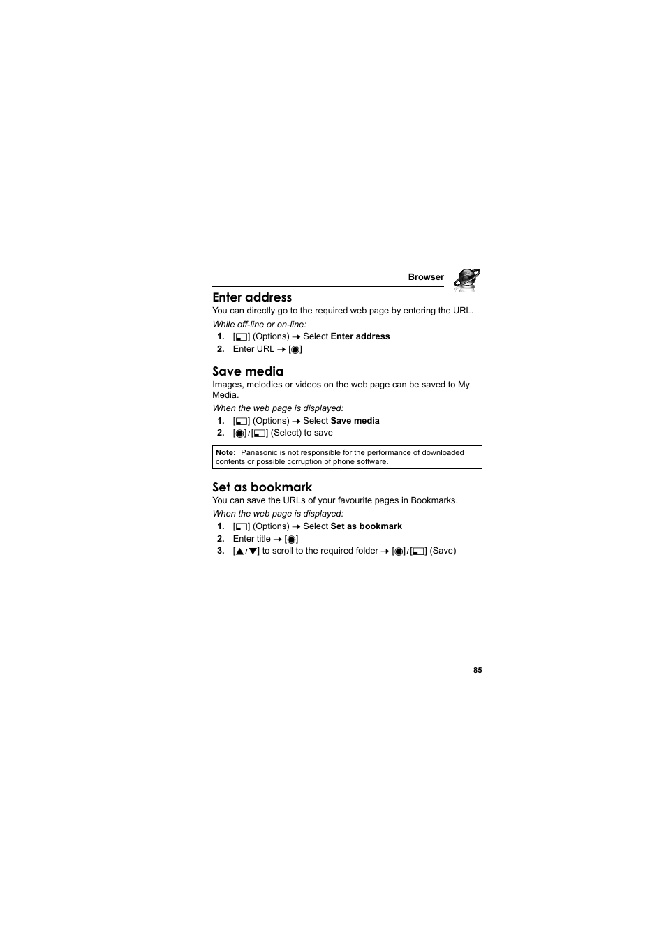 Enter address, Save media, Set as bookmark | Panasonic EB-MX7  EN User Manual | Page 88 / 168