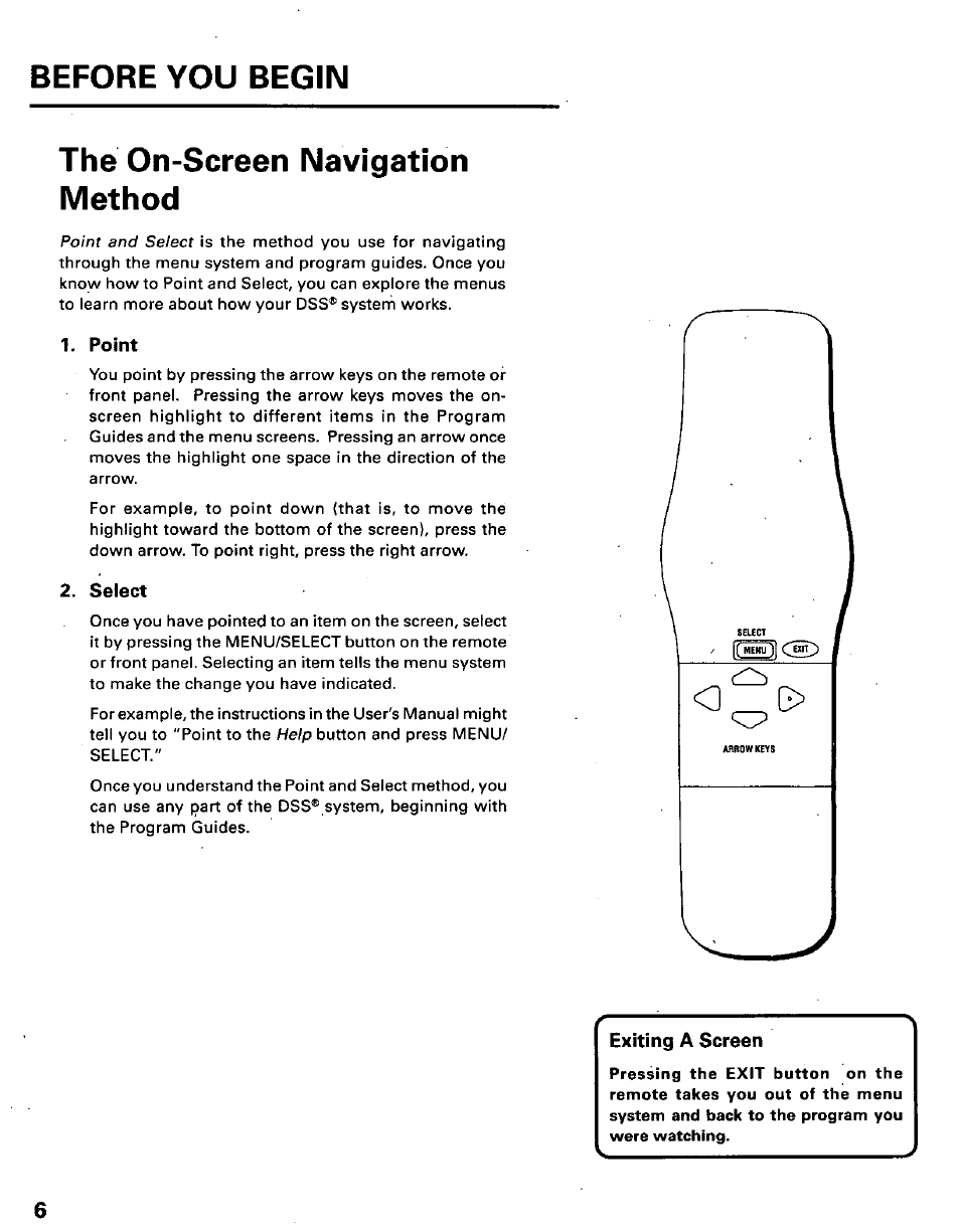 The on-screen navigation method, Point, Select | Exiting a screen, Before you begin, The o n-screen n avigation m ethod, Point and select, Help | Panasonic TU-IRD10 User Manual | Page 10 / 64