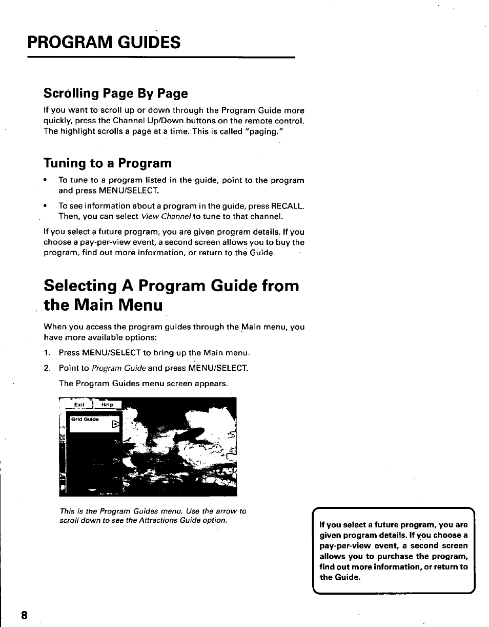 Tuning to a program, Selecting a program guide from the main menu, Program guides | Selecting a program guide from the m ain m enu, Scrolling page by page, View channel to, Program guide | Panasonic TU-IRD10 User Manual | Page 12 / 64