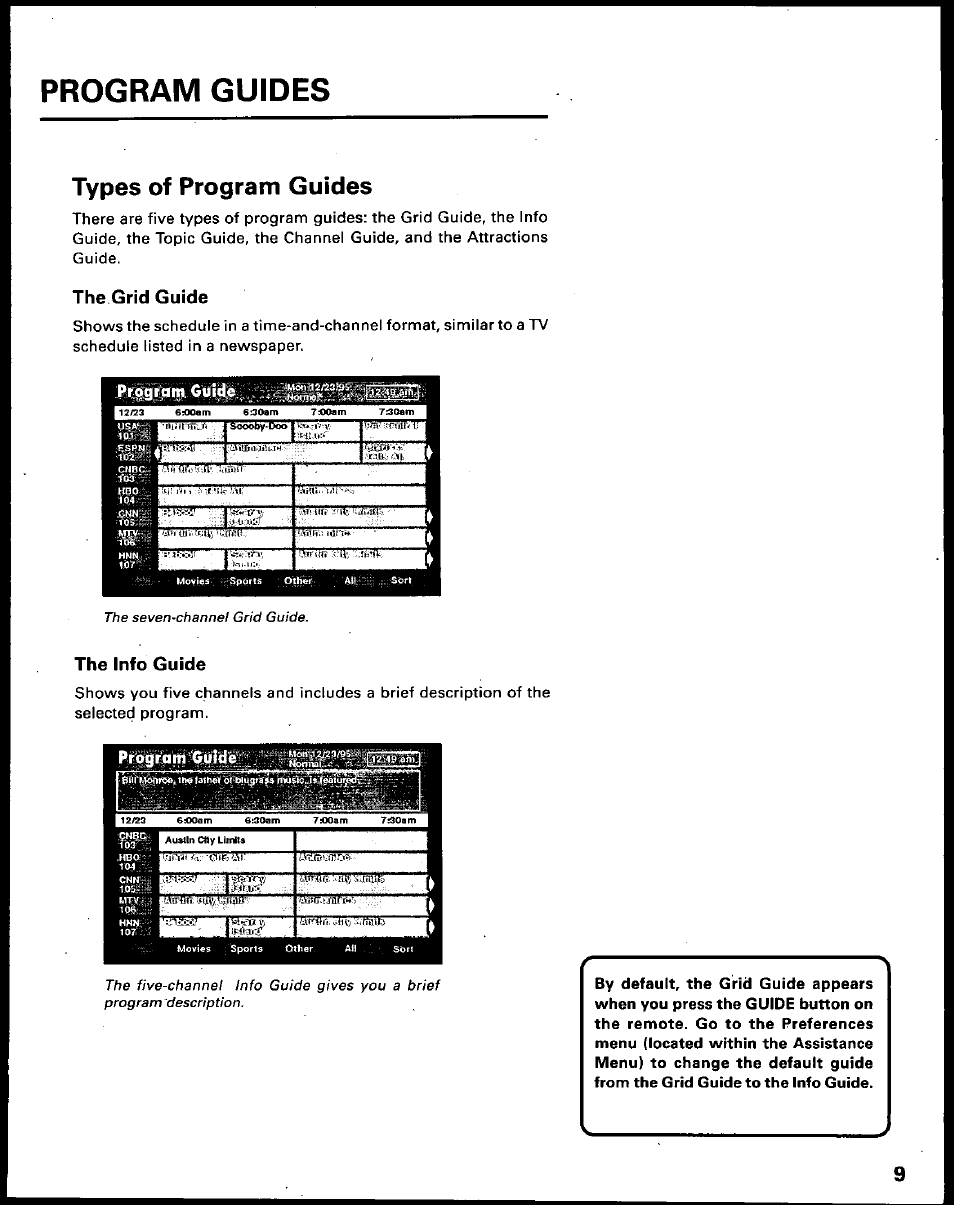 Types of program guides, The grid guide, The info guide | Program guides, The seven-channel grid guide | Panasonic TU-IRD10 User Manual | Page 13 / 64