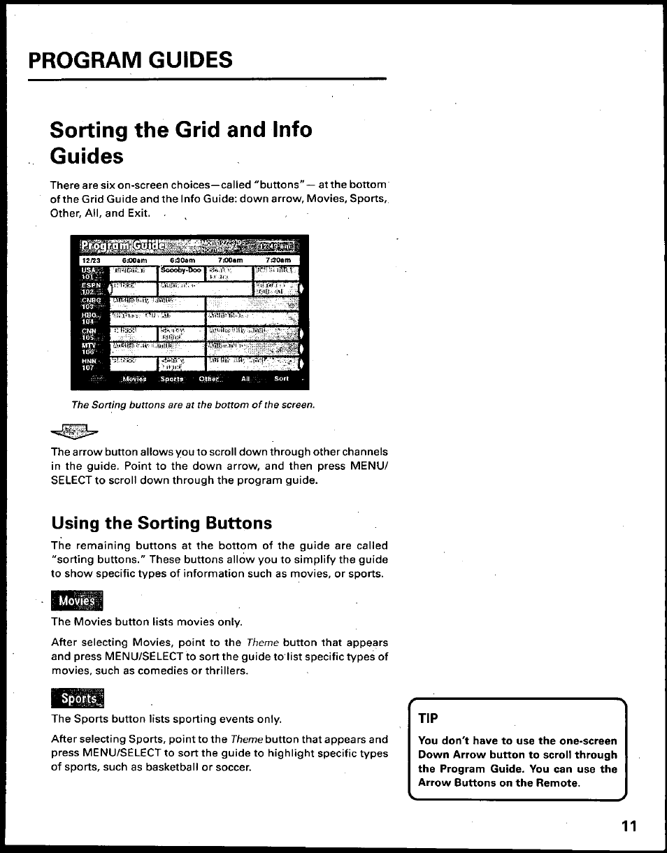 Sorting the grid and info guides, Using the sorting buttons, Using the guide button | Program guides, Theme | Panasonic TU-IRD10 User Manual | Page 15 / 64