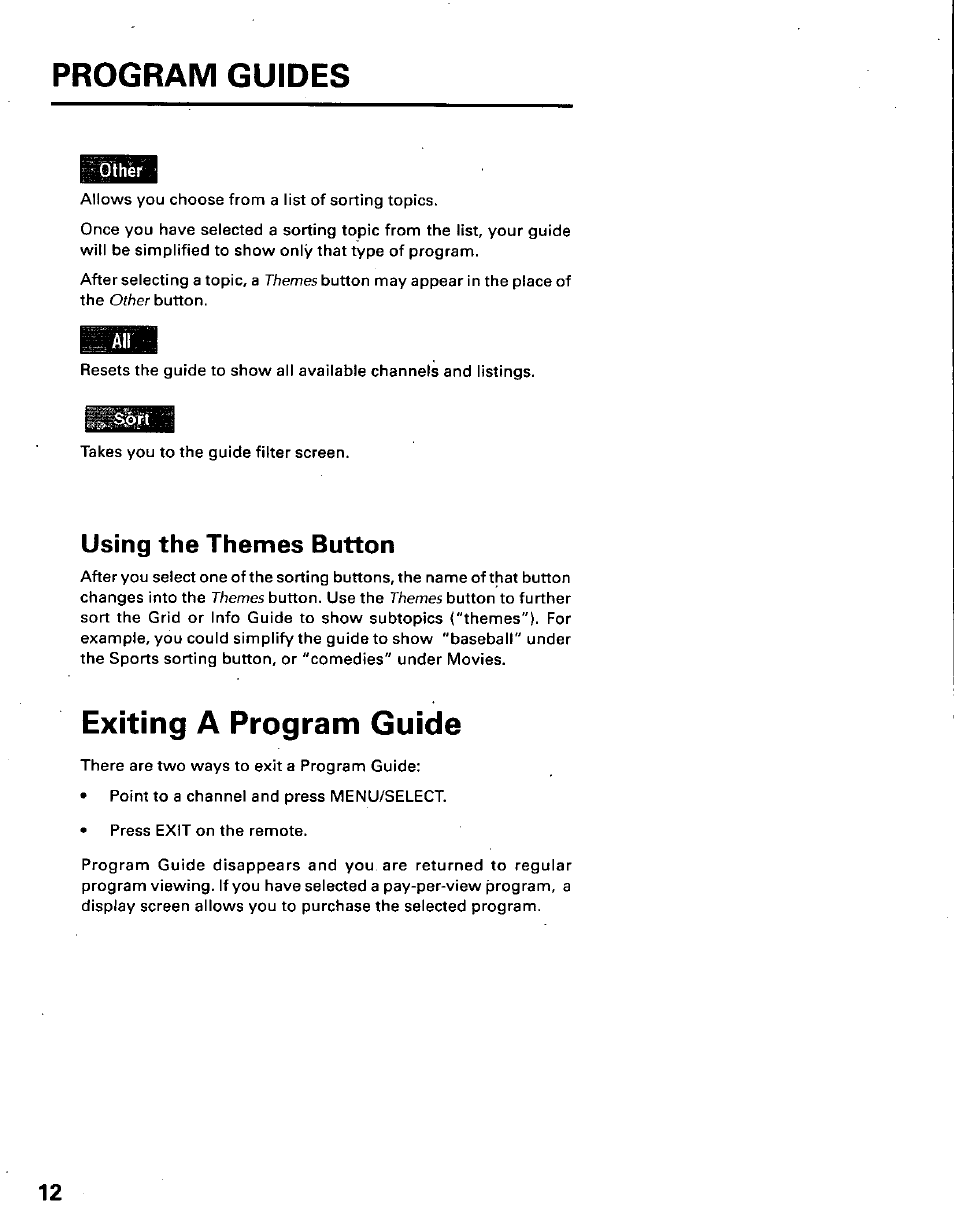Using the themes button, Exiting a program guide, Program guides | Themes, Other | Panasonic TU-IRD10 User Manual | Page 16 / 64