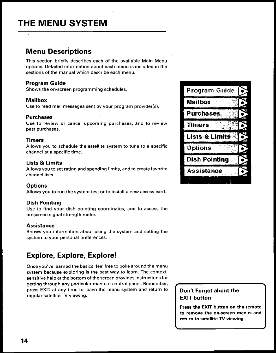 The menu system, Menu descriptions, Program guide | Mailbox, Purchases, Timers, Lists & limits, Options, Dish pointing, Assistance | Panasonic TU-IRD10 User Manual | Page 18 / 64