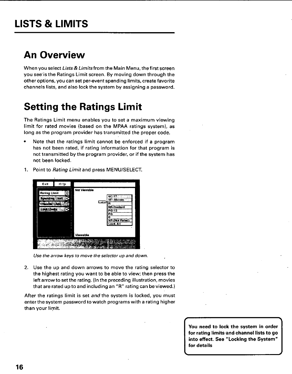 An overview, Setting the ratings limit, Lists & limits | Setting the ratings lim it, Lists & limits from, Rating limit an6 | Panasonic TU-IRD10 User Manual | Page 20 / 64