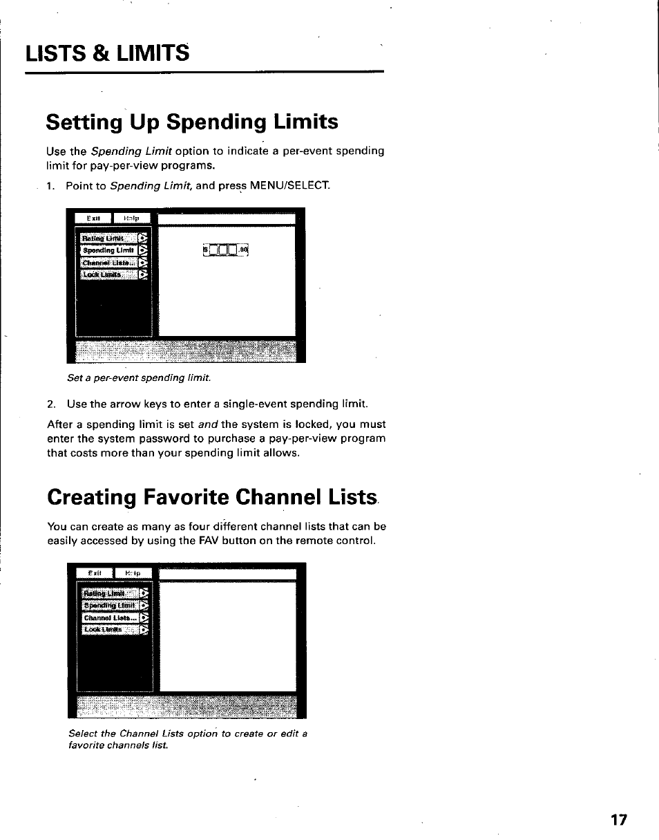 Setting up spending limits, Creating favorite channel lists, Lists & limits | Setting u p spending lim its, Spending limit option, Spending limit | Panasonic TU-IRD10 User Manual | Page 21 / 64