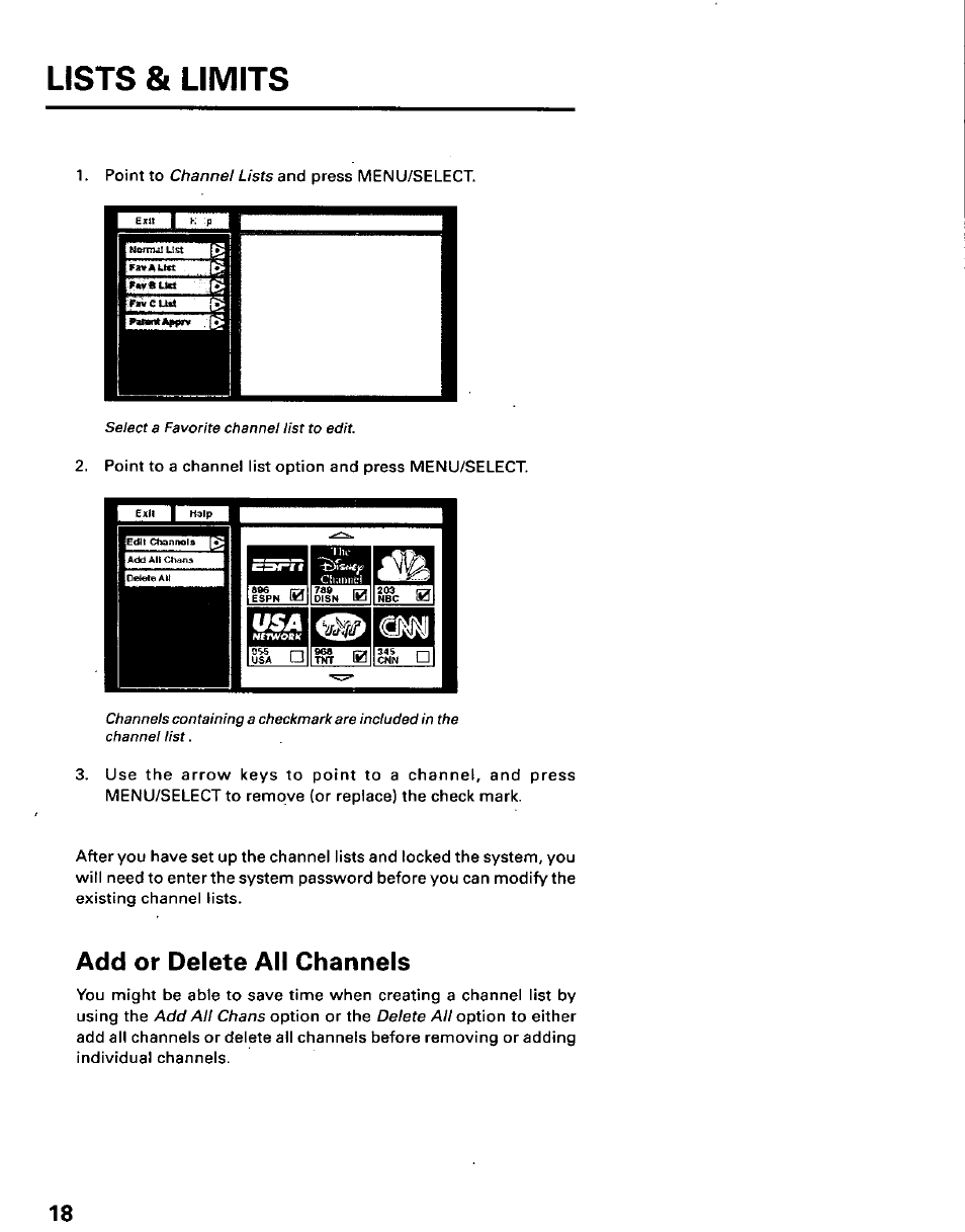 Add or delete all channels, Lists & limits, Channel lists and | Add ah chans, Delete all | Panasonic TU-IRD10 User Manual | Page 22 / 64