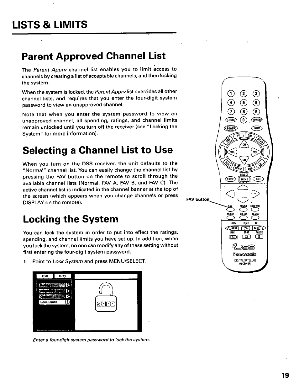 Parent approved channel list, Selecting a channel list to use, Locking the system | Lists & limits, Parent apprv, Lock system | Panasonic TU-IRD10 User Manual | Page 23 / 64