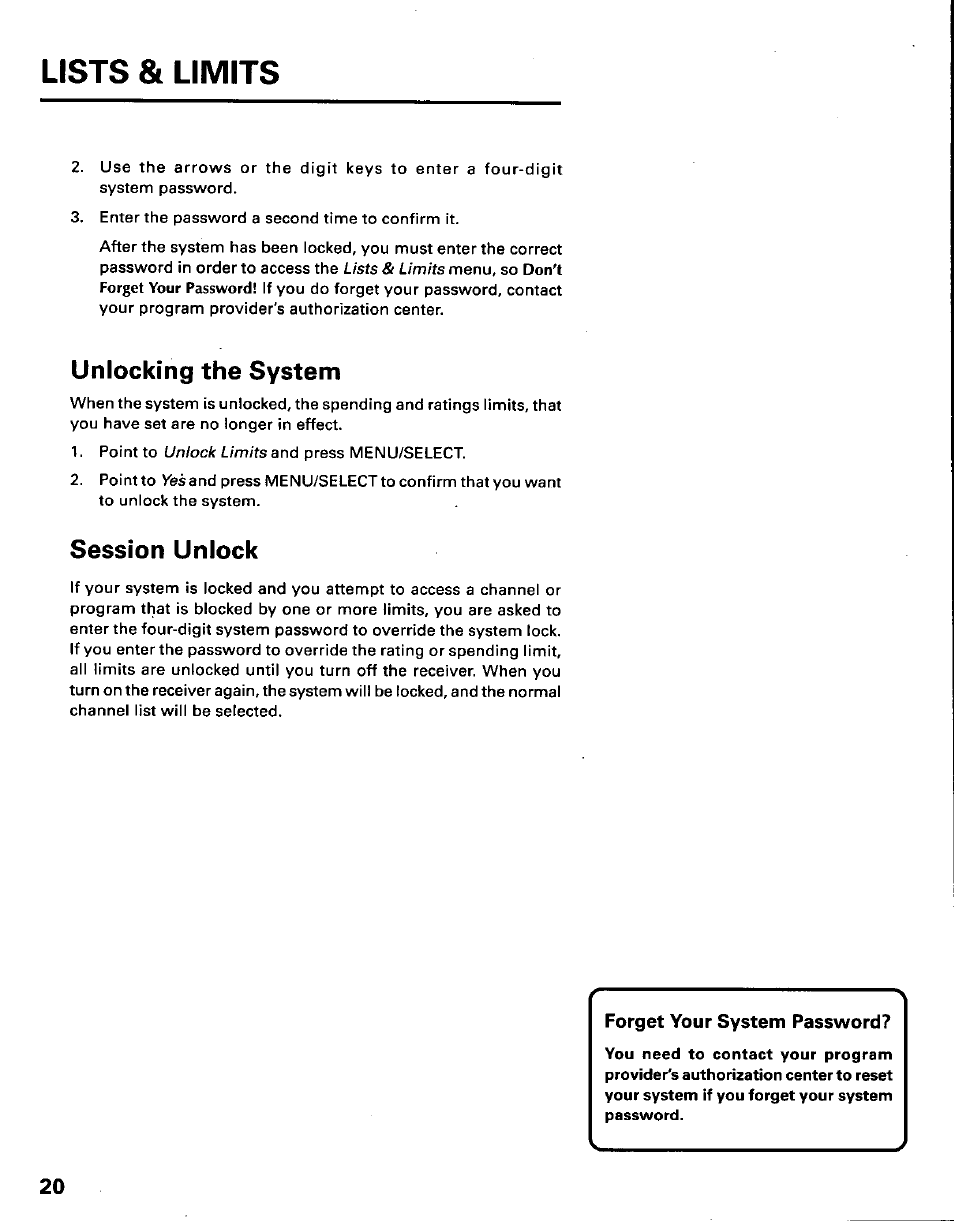 Unlocking the system, Session unlock, Forget your system password | Lists & limits, Unlock limits an6 | Panasonic TU-IRD10 User Manual | Page 24 / 64