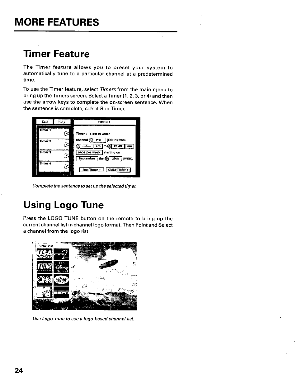 Timer feature, Using logo tune, More features | Tim er feature, U sing logo tune, Complete the sentence to set up the selected timer, Use logo tune to see a logo-based channel list. 24 | Panasonic TU-IRD10 User Manual | Page 28 / 64