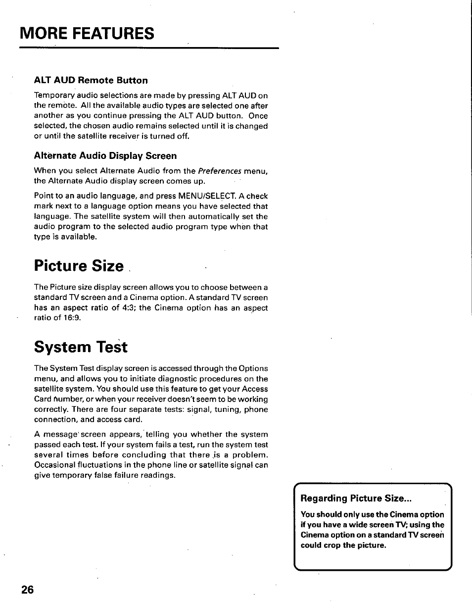 Alt aud remote button, Alternate audio display screen, Picture size | System test, Regarding picture size, More features | Panasonic TU-IRD10 User Manual | Page 30 / 64