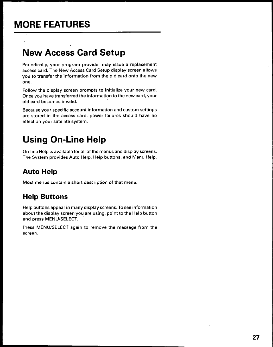 New access card setup, Using on-line help, Auto help | Help buttons, More features, N ew access card setup, U sing on-line h elp | Panasonic TU-IRD10 User Manual | Page 31 / 64