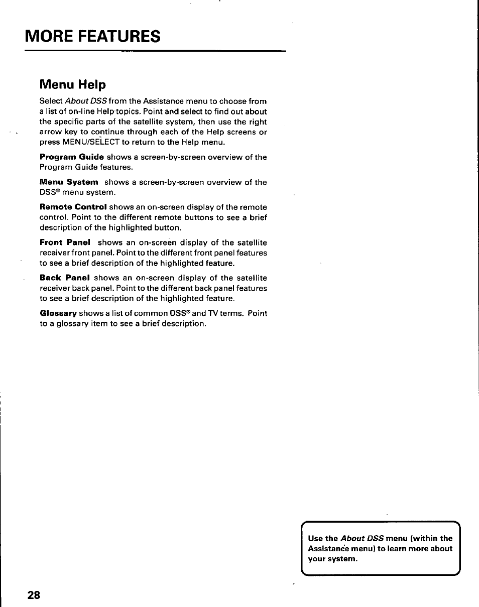 Menu help, More features | Panasonic TU-IRD10 User Manual | Page 32 / 64