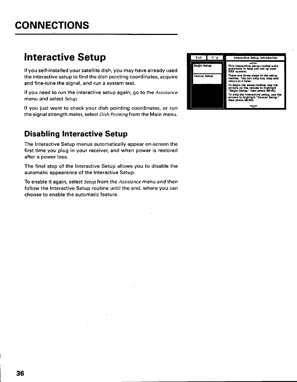 Interactive setup, Disabling interactive setup, Connections | Assistance, Setup | Panasonic TU-IRD10 User Manual | Page 40 / 64