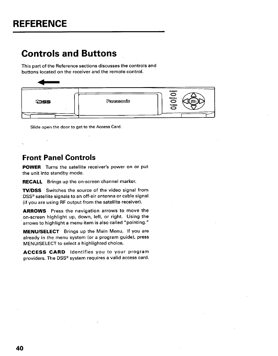 Controls and buttons, Front panel controls, Reference | Panasonic TU-IRD10 User Manual | Page 44 / 64