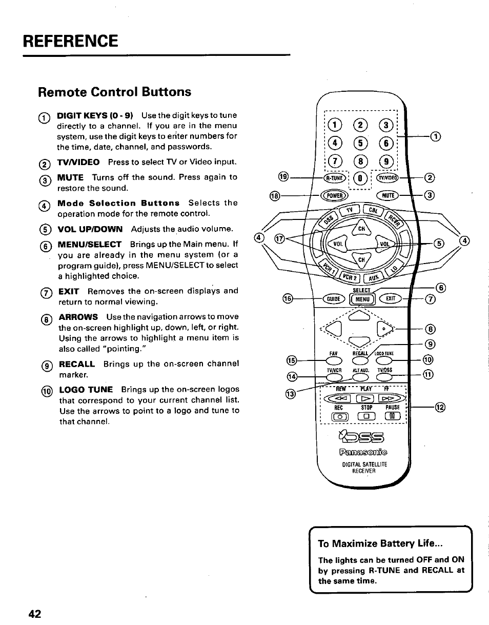 Remote control buttons, To maximize battery life, Reference | Select^---- if | Panasonic TU-IRD10 User Manual | Page 46 / 64