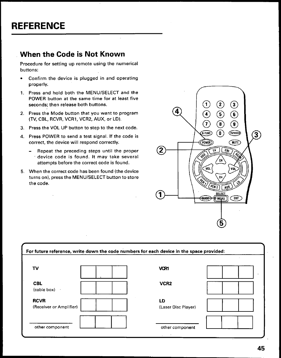 When the code is not known, When the code is known, Reference | Panasonic TU-IRD10 User Manual | Page 49 / 64