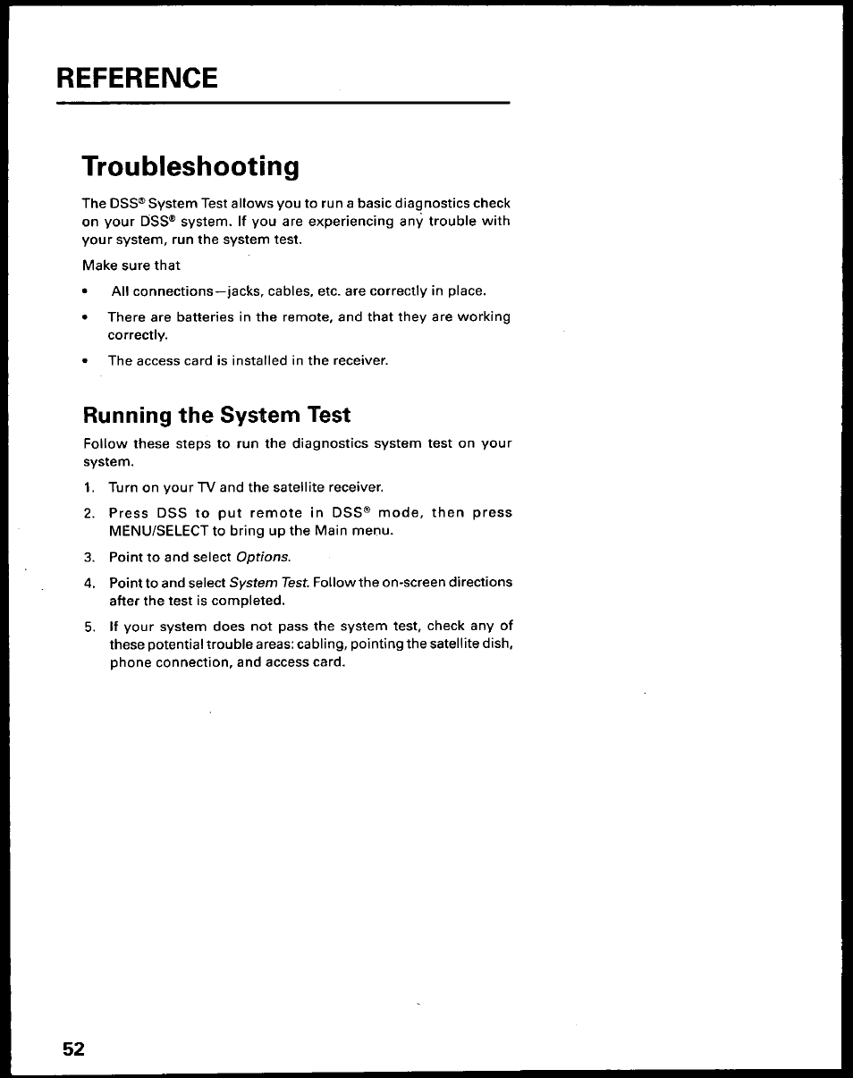 Troubleshooting, Running the system test, Reference | Options, System test | Panasonic TU-IRD10 User Manual | Page 56 / 64