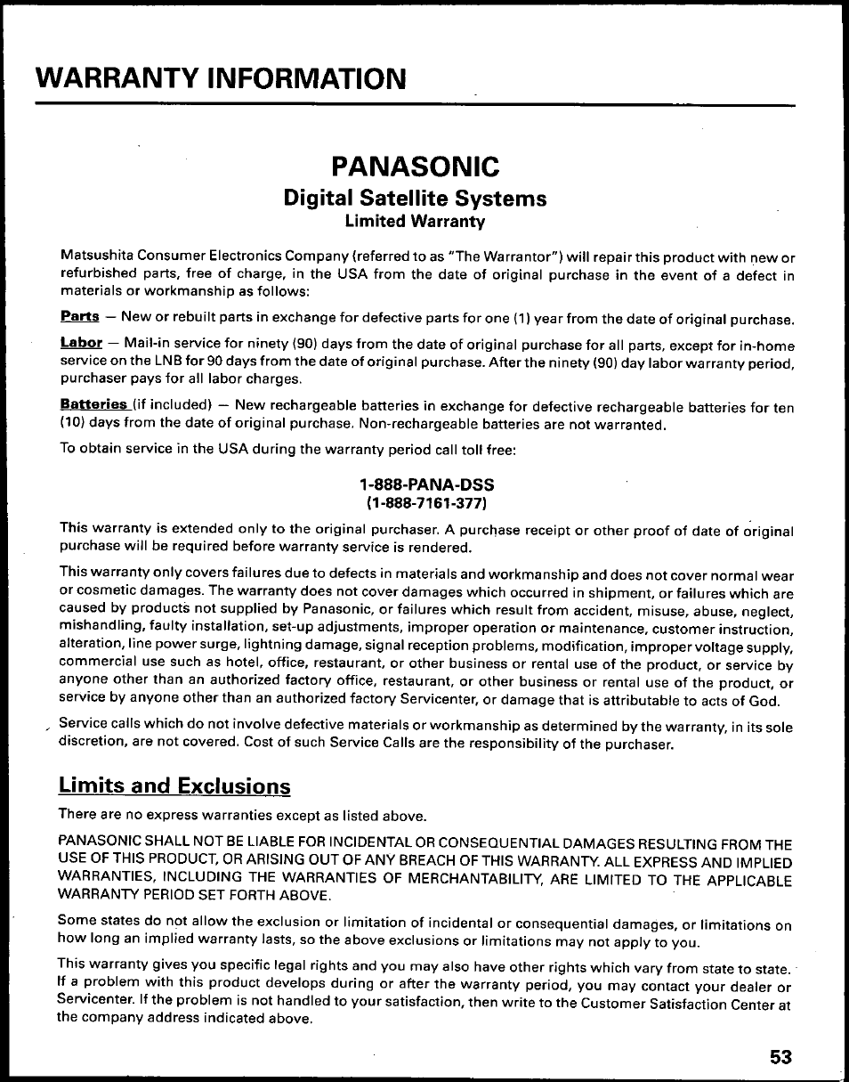 Panasonic, Digital satellite systems, Limited warranty | 888-pana-dss, Limits and exclusions, Warranty information, Pan aso n ic | Panasonic TU-IRD10 User Manual | Page 57 / 64