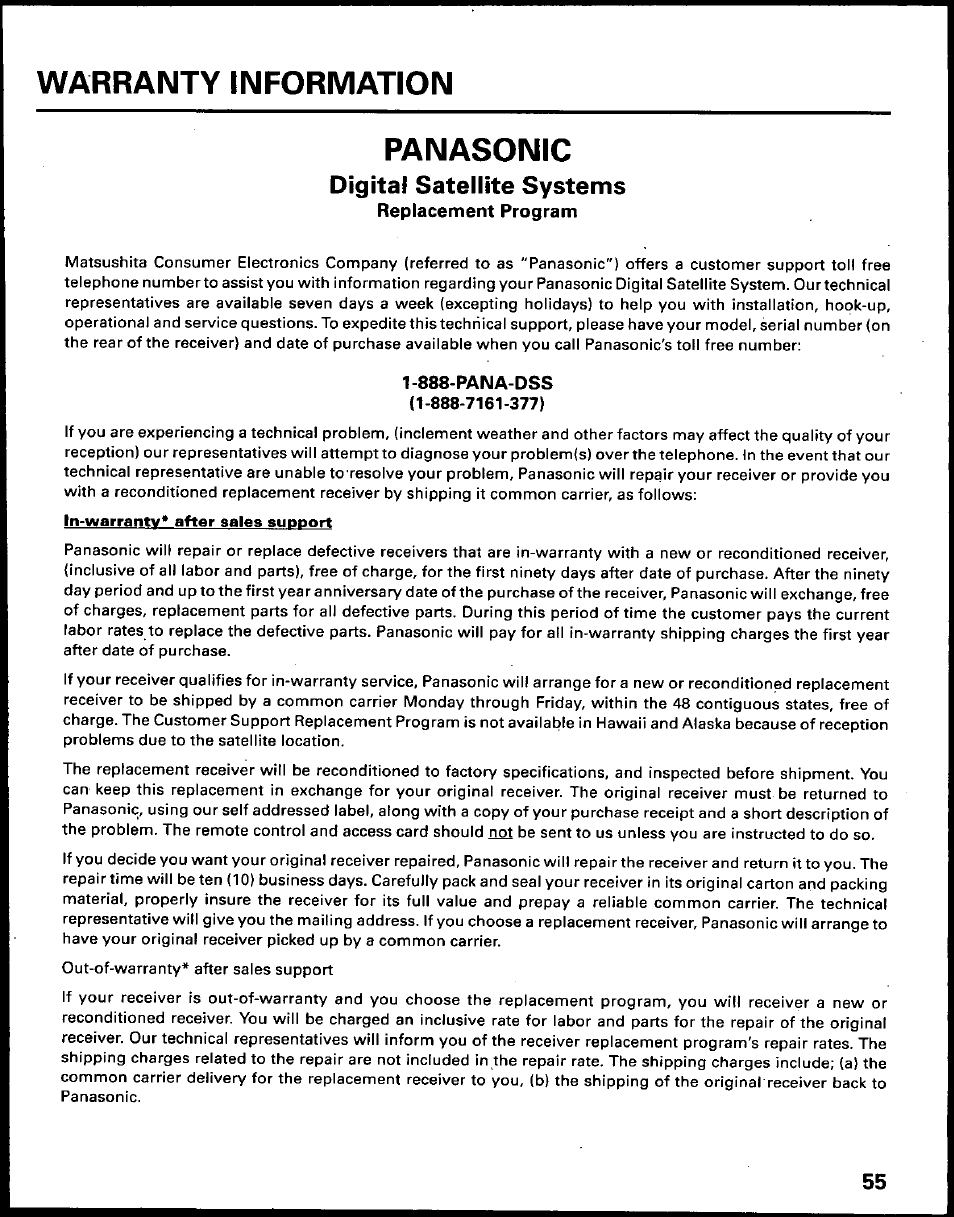 Panasonic, Digital satellite systems, Replacement program | 888-pana-dss, Warranty information, Pan aso n ic | Panasonic TU-IRD10 User Manual | Page 59 / 64