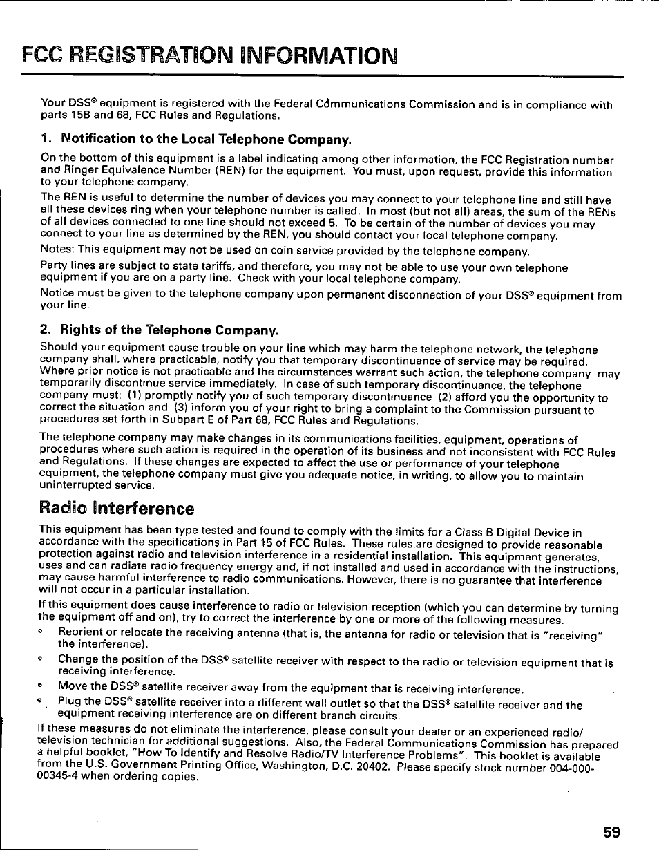 Notification to the local telephone company, Rights of the telephone company, Radio interference | Fcc registratiofm information | Panasonic TU-IRD10 User Manual | Page 63 / 64