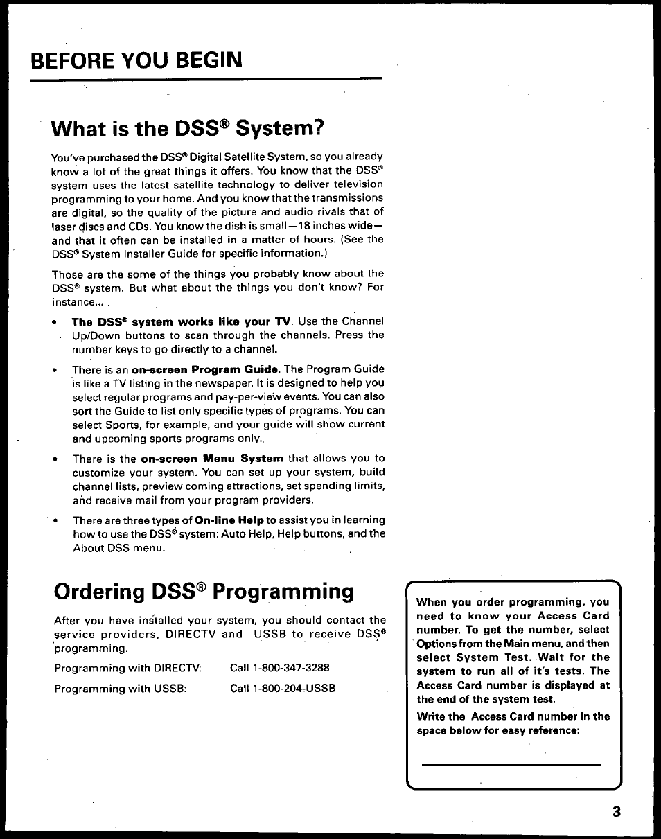 What is the dss® system, Ordering dss® programming, Before you begin | W hat is the d ss® system, O rdering d ss® program m ing | Panasonic TU-IRD10 User Manual | Page 7 / 64