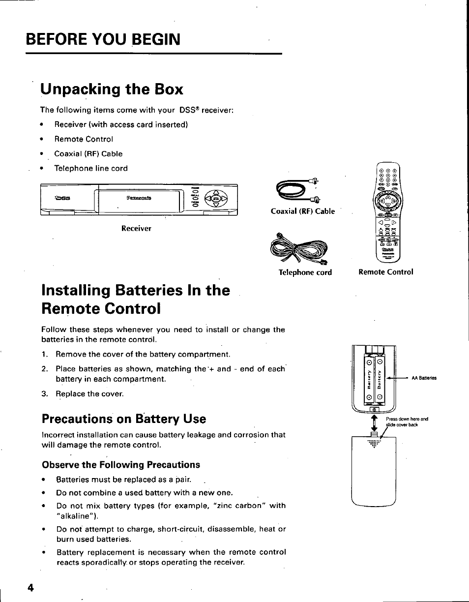 Unpacking the box, Installing batteries in the remote control, Precautions on battery use | Observe the following precautions, Before you begin, U npacking the box, Installing batteries in the rem ote control | Panasonic TU-IRD10 User Manual | Page 8 / 64