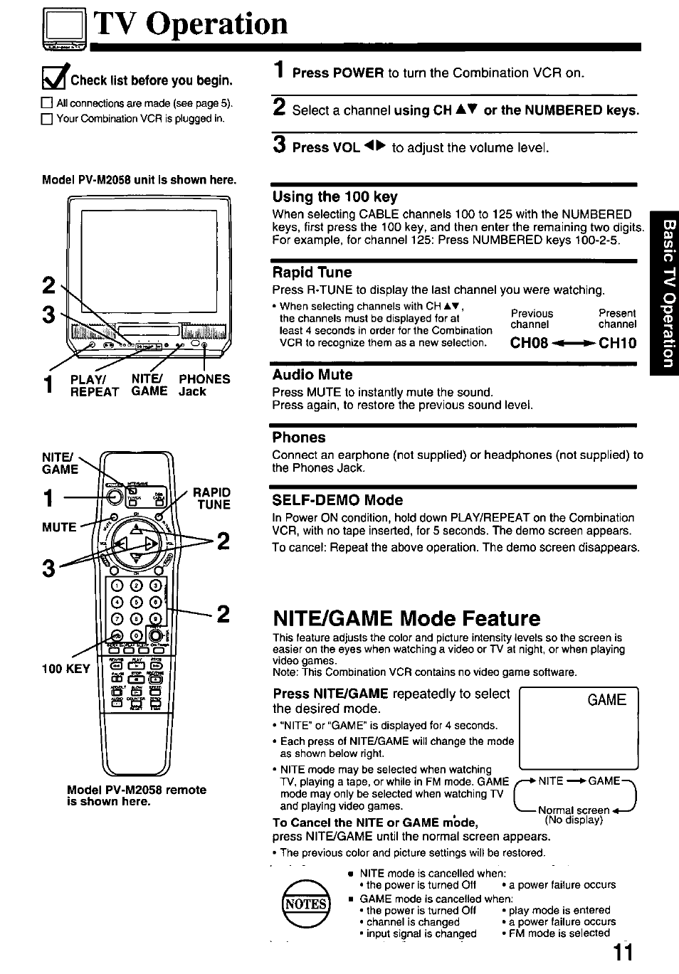 Tv operation, Model pv-m2058 unit is shown here, Using the 100 key | Rapid tune, Audio mute, Phones, Self-demo mode, Nite/game mode feature | Panasonic OMNIVISION VHS PV-M2058 User Manual | Page 11 / 40