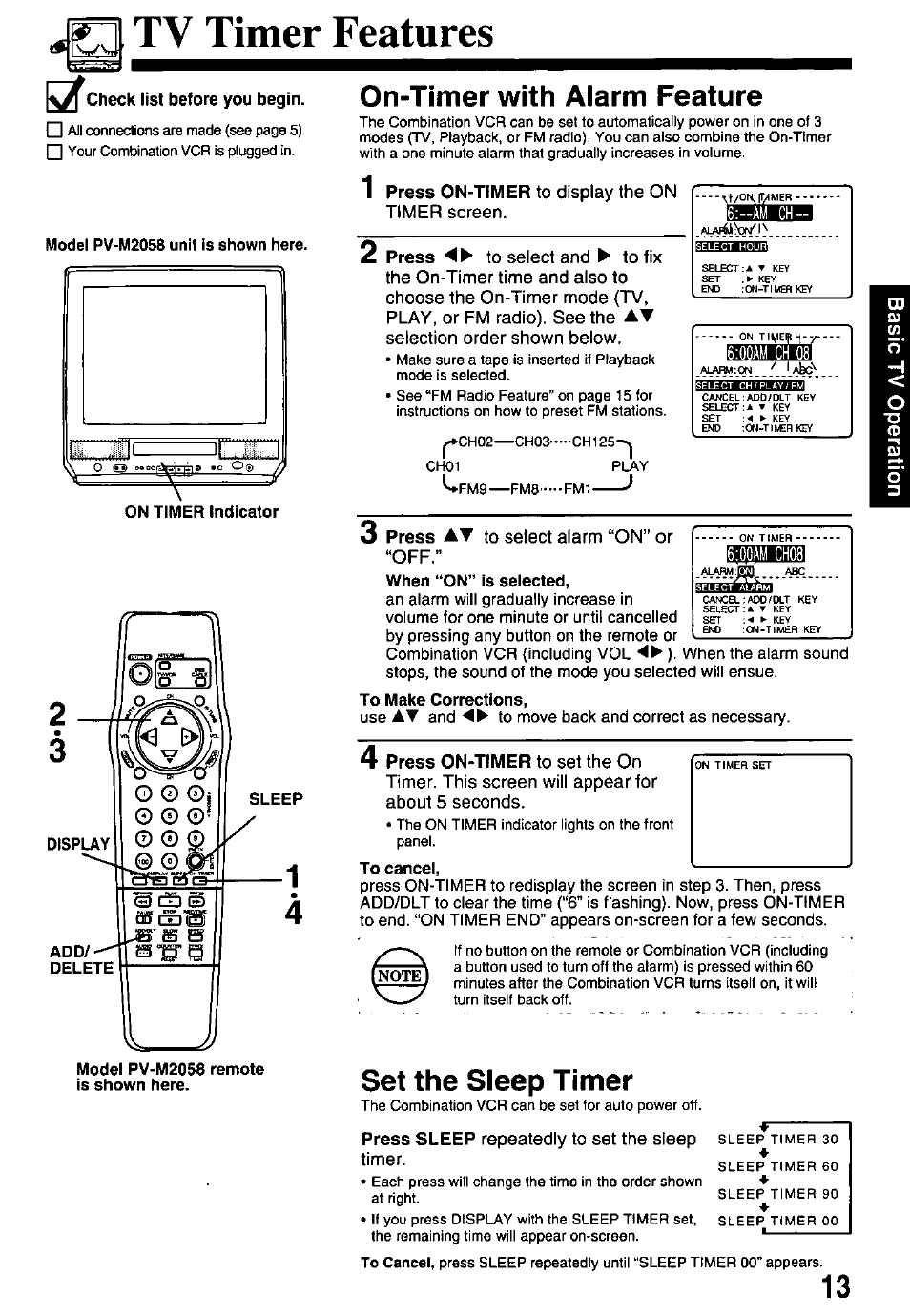 Tv timer features, Kx check list before you begin, On-timer with alarm feature | Model pv-m2058 unit is shown here, Model pv-m2058 remote is shown here, Set the sleep timer, G tv timer features | Panasonic OMNIVISION VHS PV-M2058 User Manual | Page 13 / 40