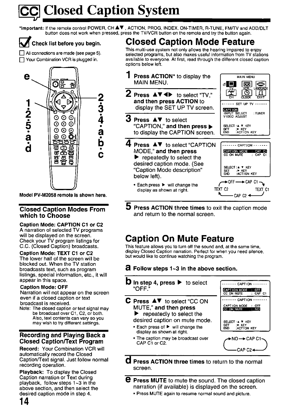 Ccl closed caption system, Closed caption system, Closed caption mode feature | Caption on mute feature | Panasonic OMNIVISION VHS PV-M2058 User Manual | Page 14 / 40