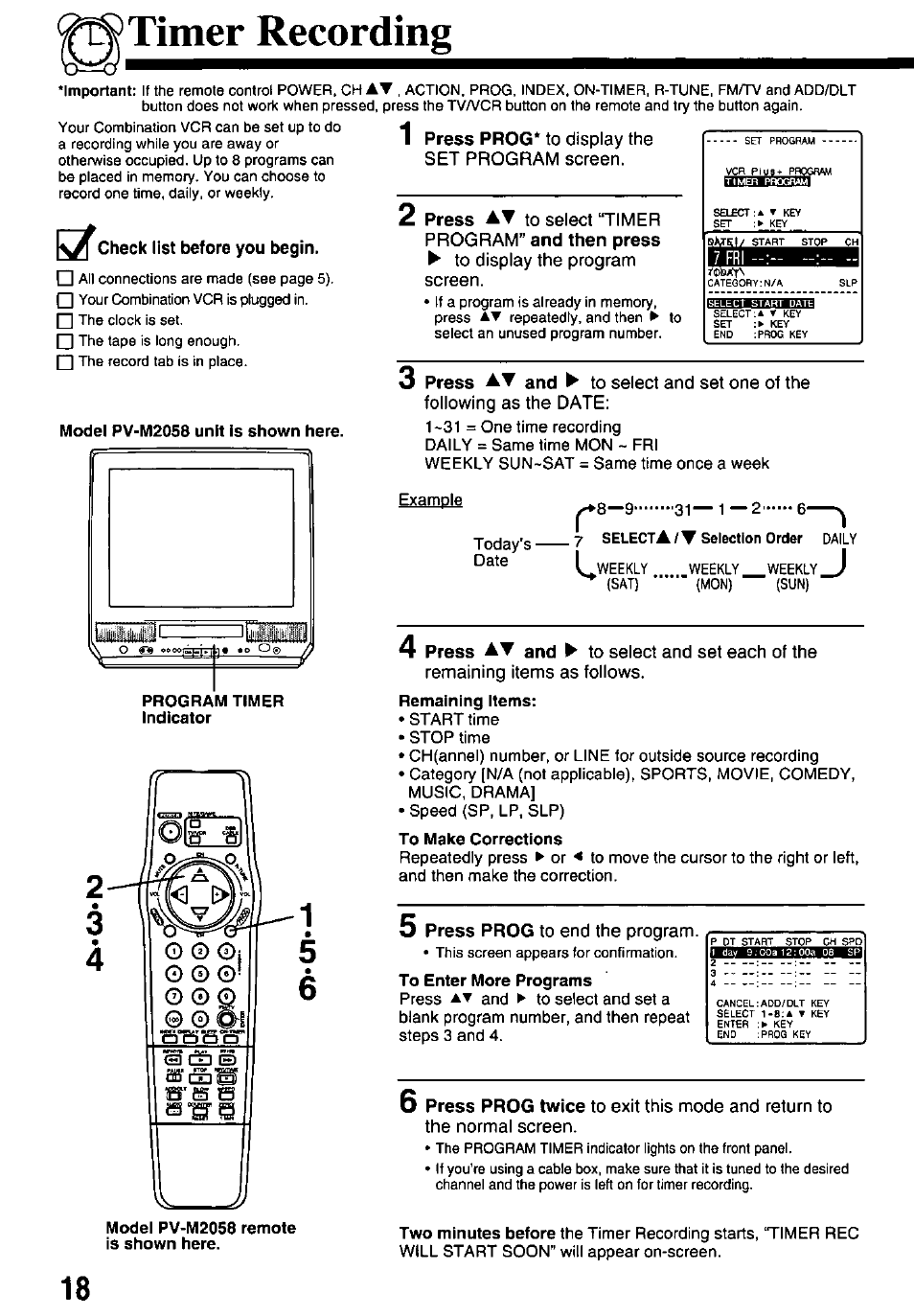 Timer recording | Panasonic OMNIVISION VHS PV-M2058 User Manual | Page 18 / 40