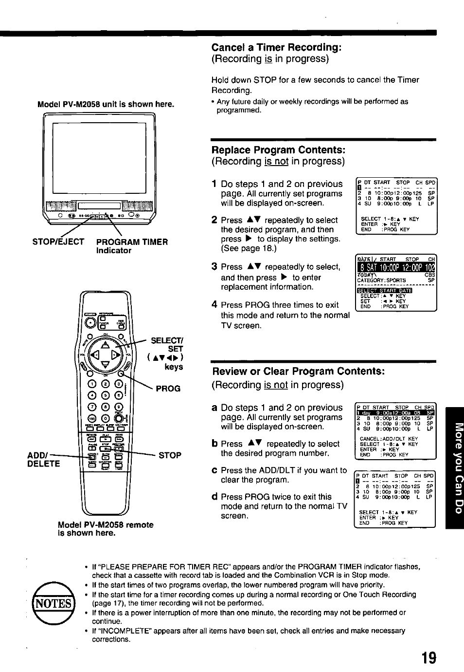 Cancel a timer recording, Replace program contents, Review or clear program contents | Recording is in progress), Recording is not in progress) | Panasonic OMNIVISION VHS PV-M2058 User Manual | Page 19 / 40