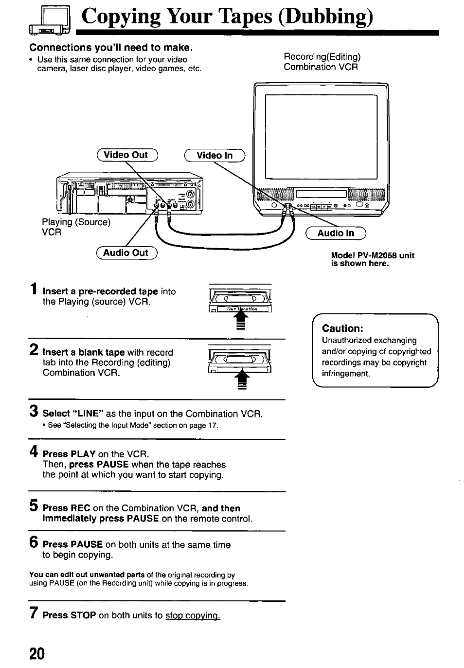 Copying your tapes (dubbing), Caution | Panasonic OMNIVISION VHS PV-M2058 User Manual | Page 20 / 40