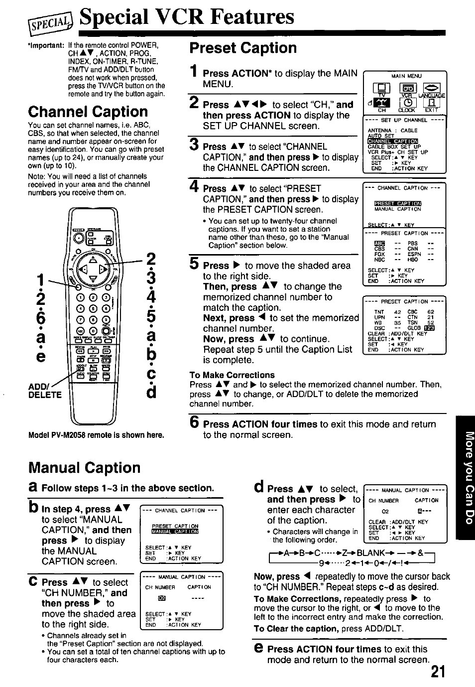 Special vcr features, Channel caption, Preset caption | Manual caption | Panasonic OMNIVISION VHS PV-M2058 User Manual | Page 21 / 40